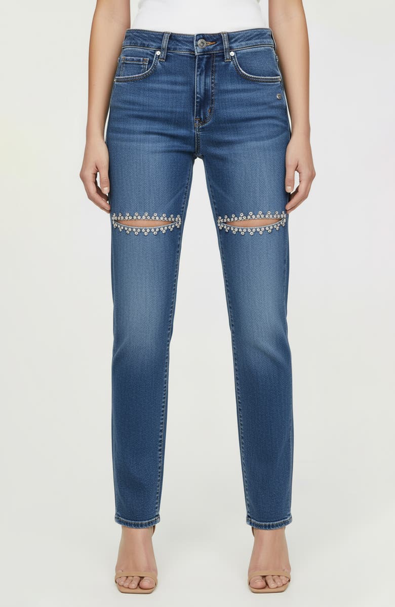 bebe The Bling Slit Straight Leg Jeans, Main, color, Medium Blue