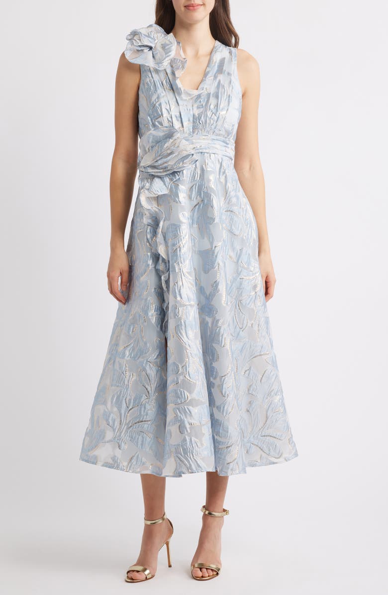 Tahari ASL Floral Burnout Cocktail Dress, Main, color, Ice Blue Gold