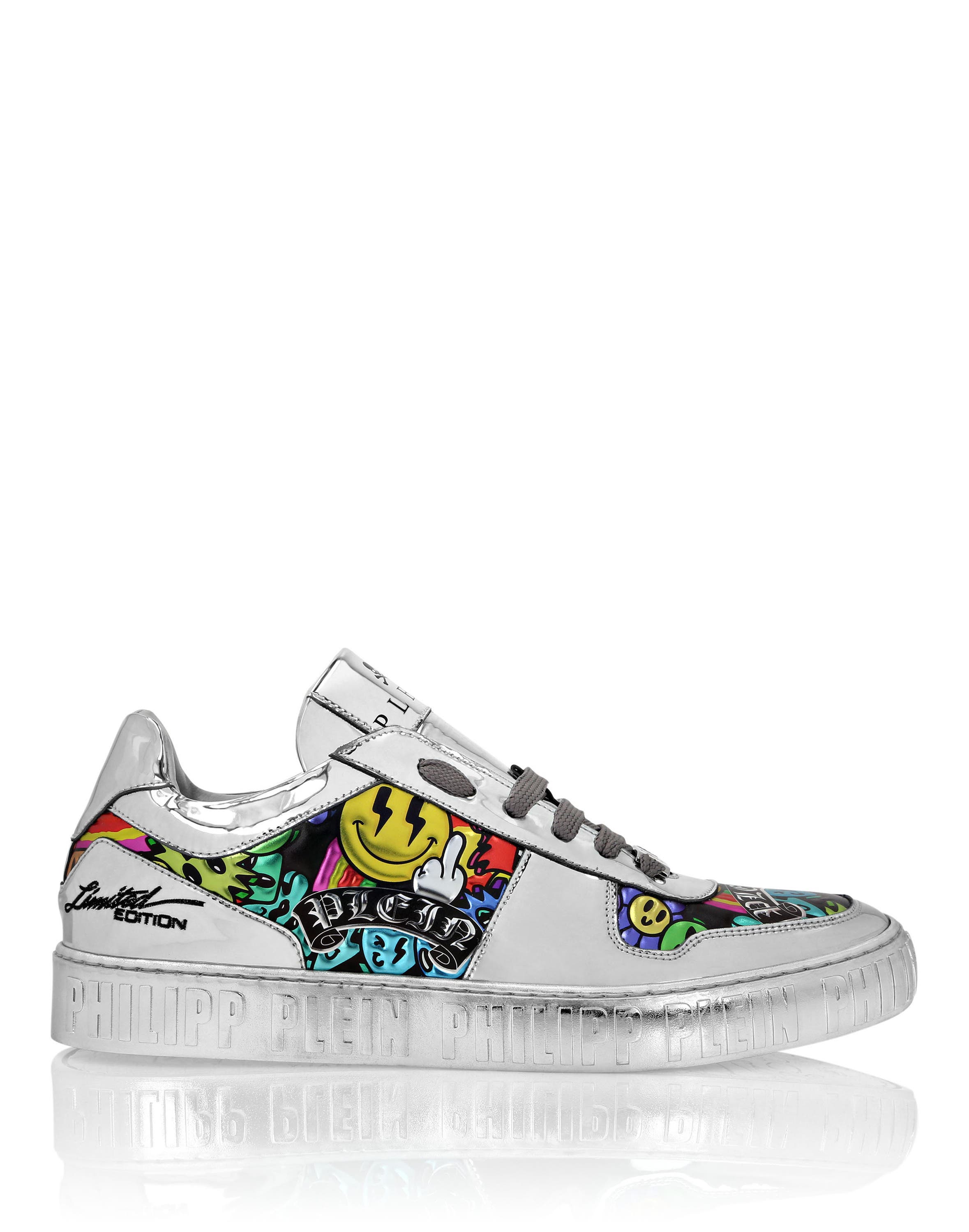 Mirror Leather Lo-Top Sneakers Smile Unisex, Main, color, Silver