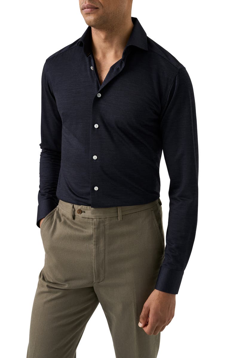 Eton Slim Fit Merino Wool Dress Shirt, Main, color, Navy