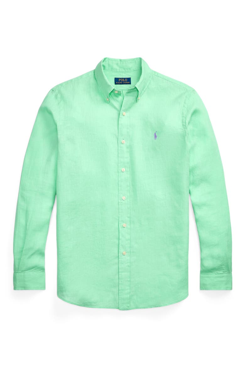 Classic Fit Solid Green Linen Button-Down Shirt, Alternate, color, AQUA VERDE