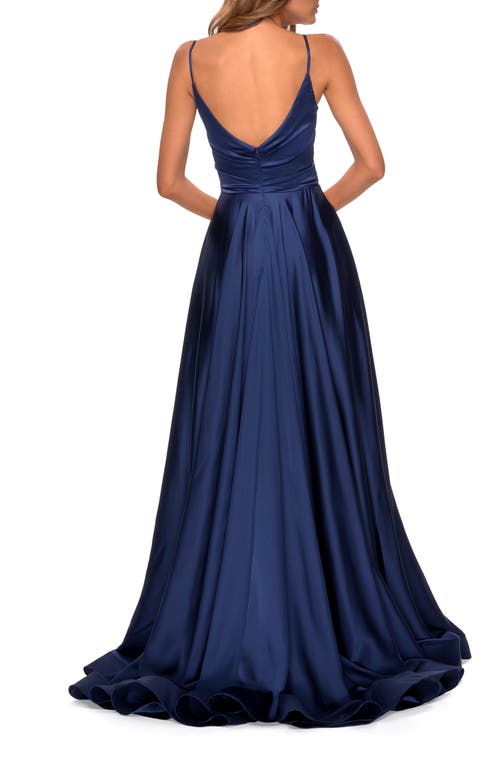La Femme Long Satin Dress With Side Slit And V Shaped Back In Navy