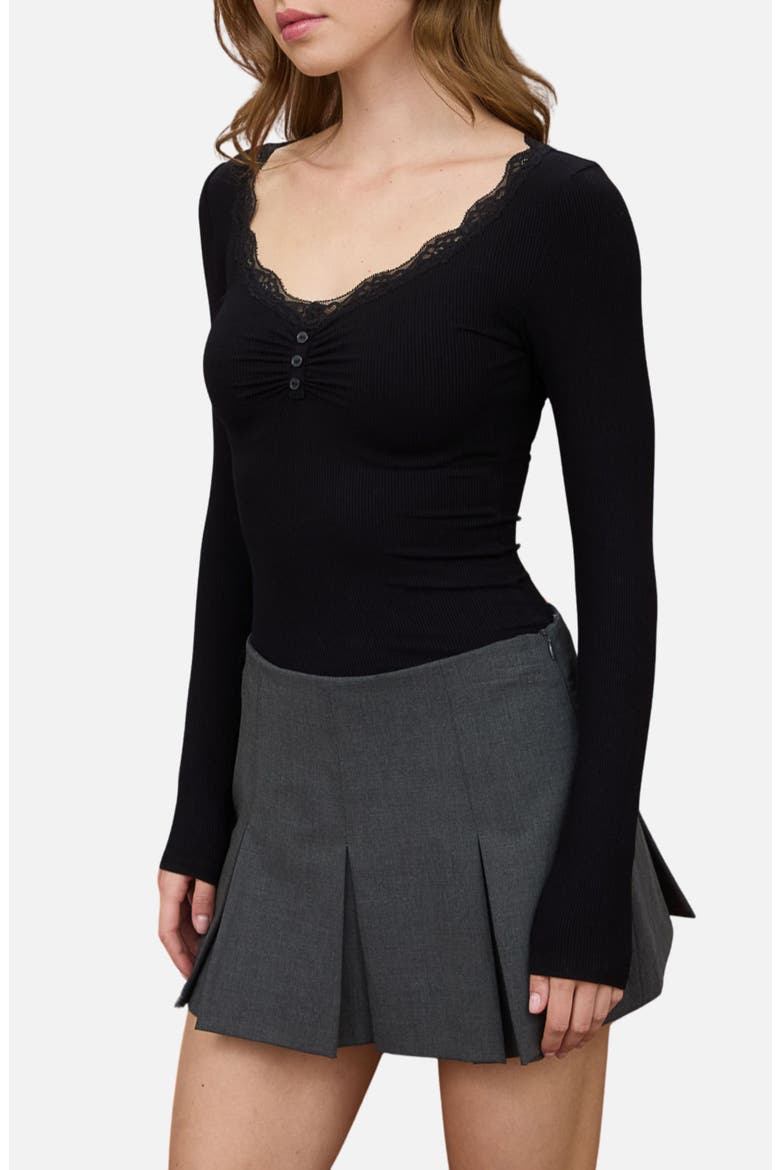 Lace Trim Knit Henley Top, Alternate, color, BLACK