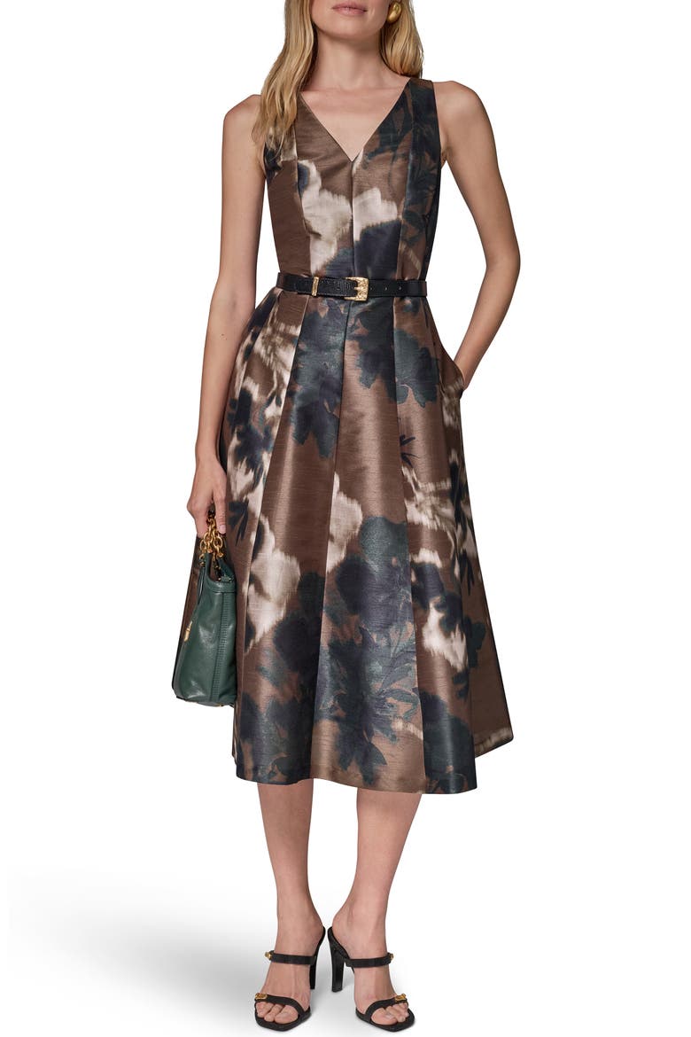 Printed V-Neck Belted Midi Dress, Alternate, color, OLIVE BROWN