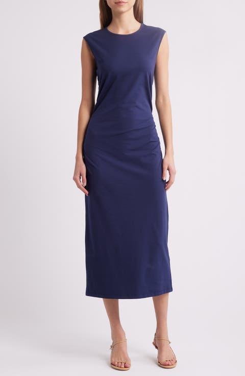 Ruched Sleeveless Stretch Cotton Midi Dress