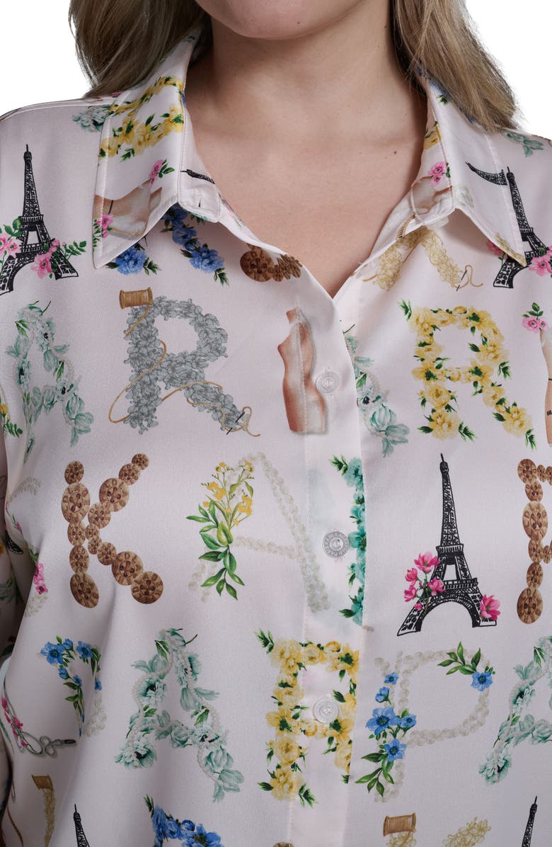 KARL LAGERFELD PARIS Logo Print Satin Button-Up Shirt, Alternate, color, Bisque/ Panna Cotta Multi