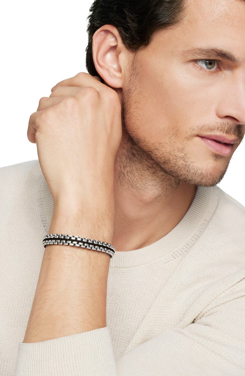 David Yurman Men's Woven Sterling Silver Box Chain Bracelet, 12mm, Alternate, color, Silver/ Black