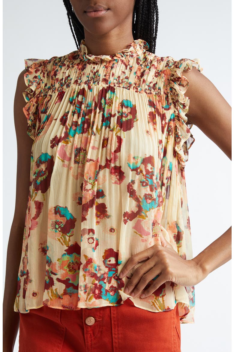Georgina Floral Sleeveless Plissé Silk Top, Alternate, color, CAMELLIA