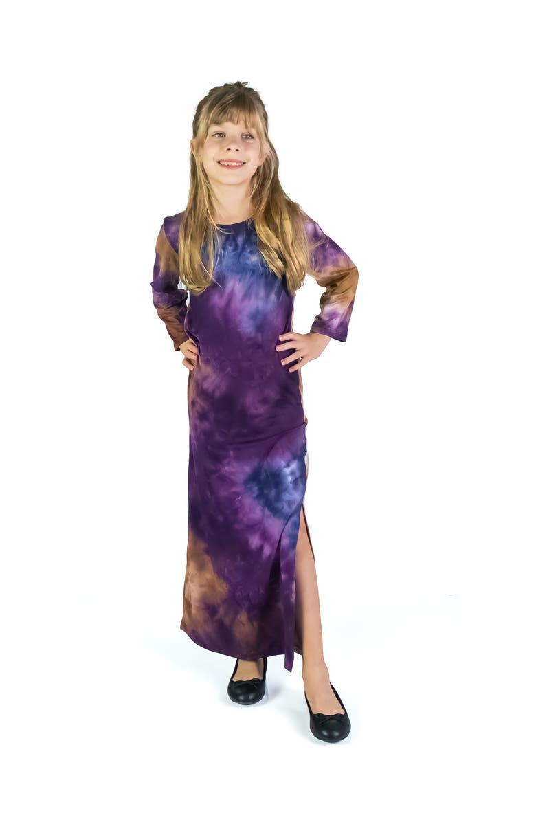 24sevenKid Purple Tie Dye Long Sleeve Side Slit Maxi Dress, Main, color, Purple Multi