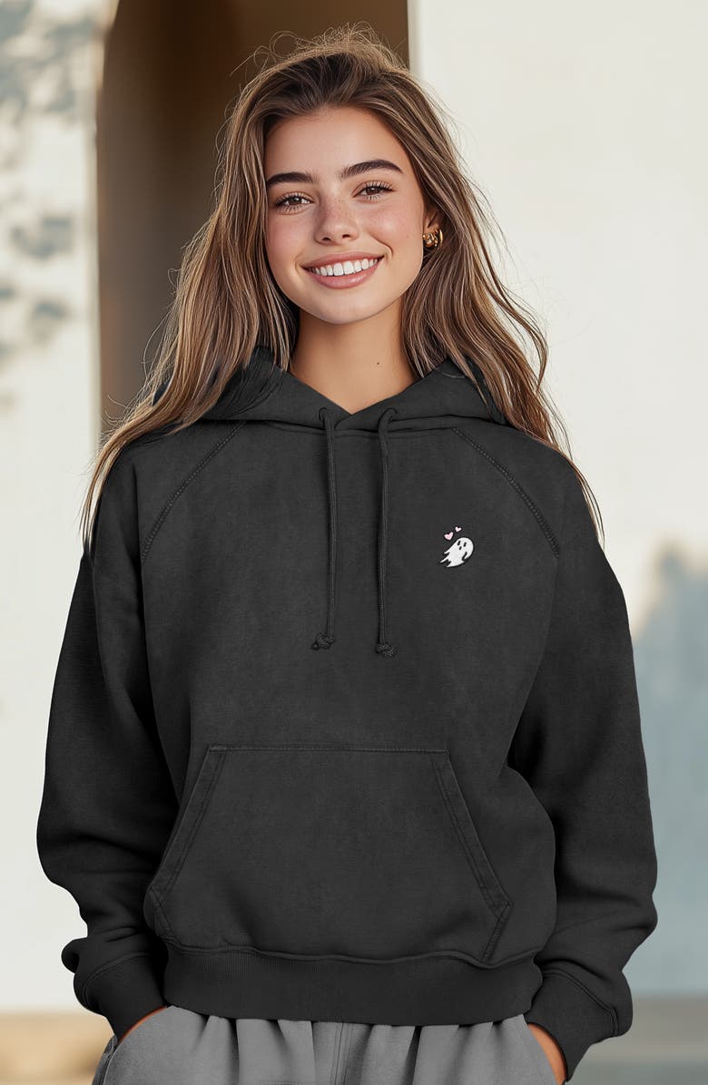 Dalix Womens Heartly Ghost Mineral Washed Hoodie, Alternate, color, Black