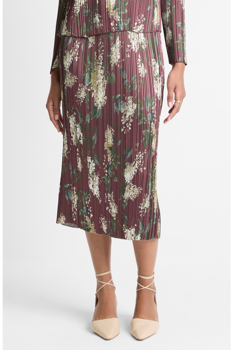 Pleated Lilac Print Midi Skirt, Main, color, DK BORDEAUX