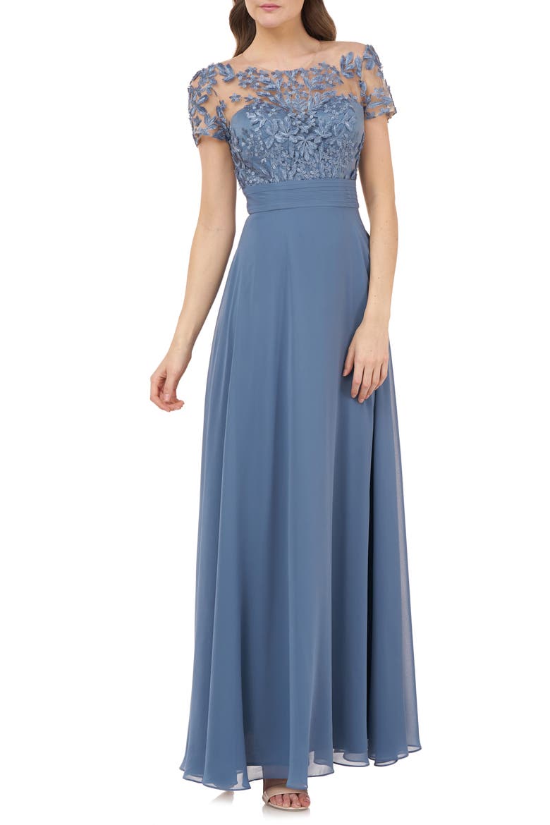 Embroidered A-Line Gown, Main, color, MINERAL BLUE