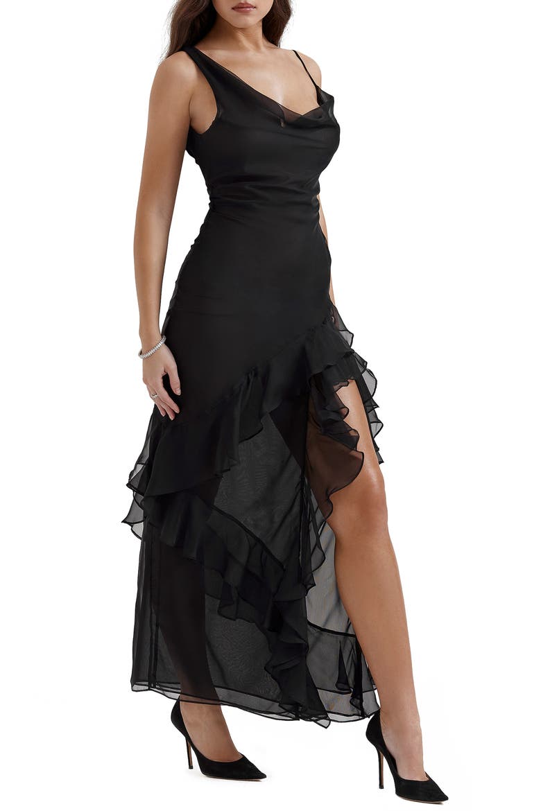 Malila Ruffle Cowl Neck Chiffon Cocktail Dress, Alternate, color, BLACK