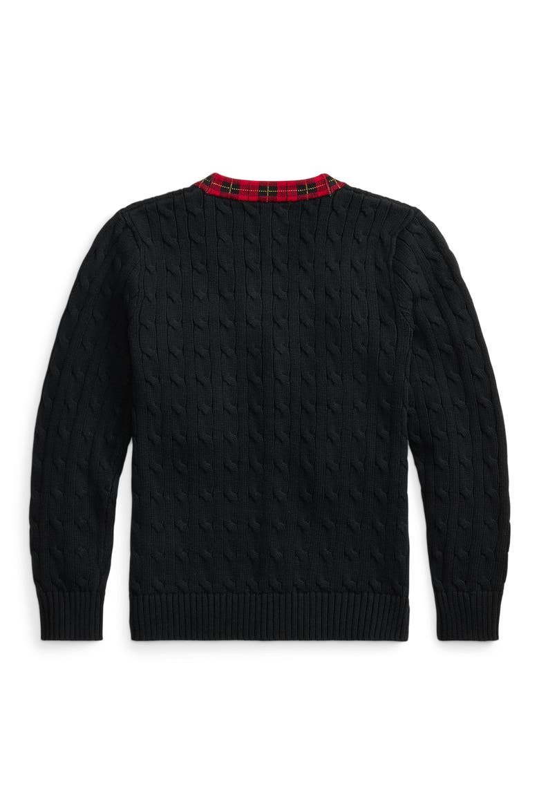 Kids' Plaid Trimmed Cable Cardigan, Alternate, color, POLO BLACK MULTI