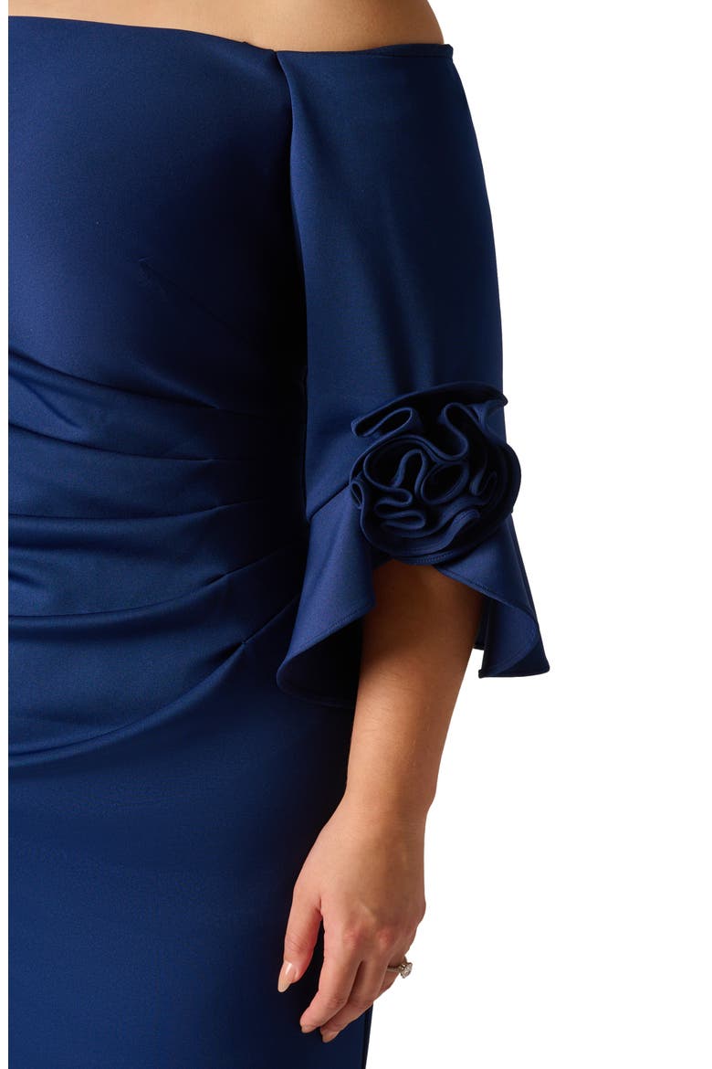 Rosette Off the Shoulder Scuba Crepe Gown, Alternate, color, NAVY SATEEN