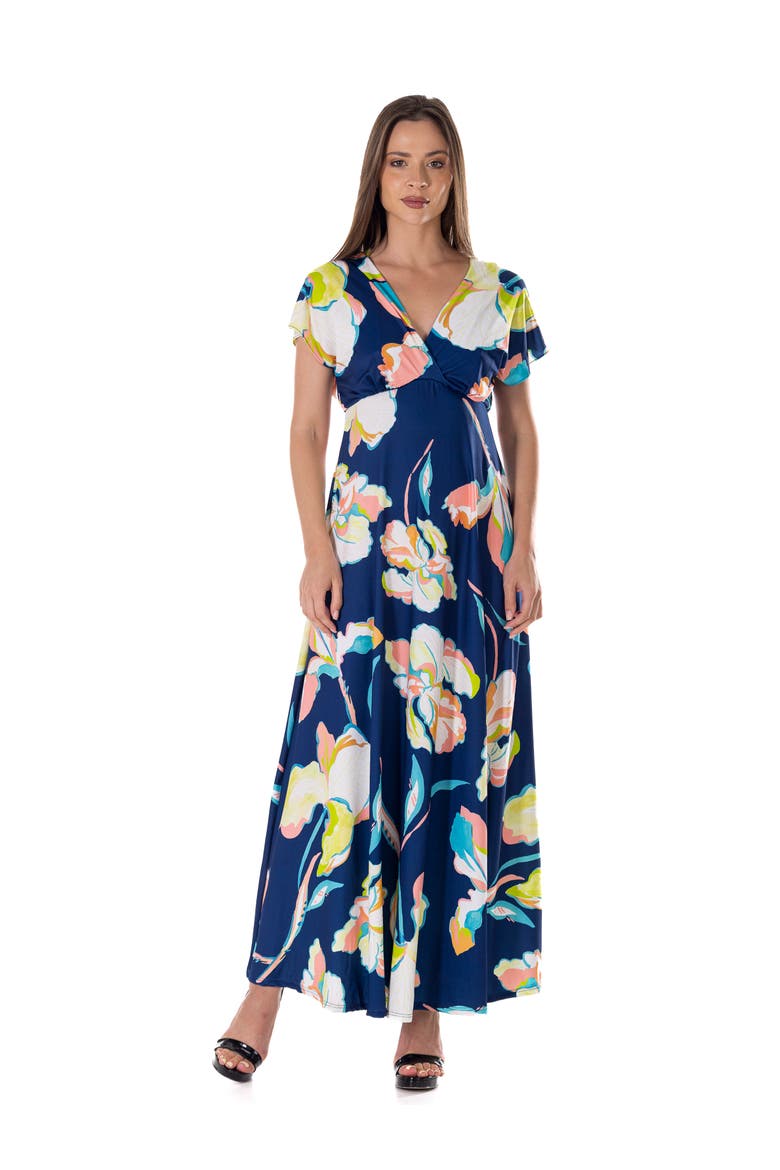 Floral Print V-Neck Empire Waist Cap Sleeve Maxi Dress, Main, color, Navy Multi