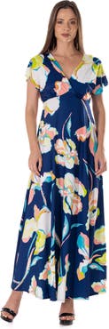 24seven Comfort Apparel Floral Print V-Neck Empire Waist Cap Sleeve Maxi Dress