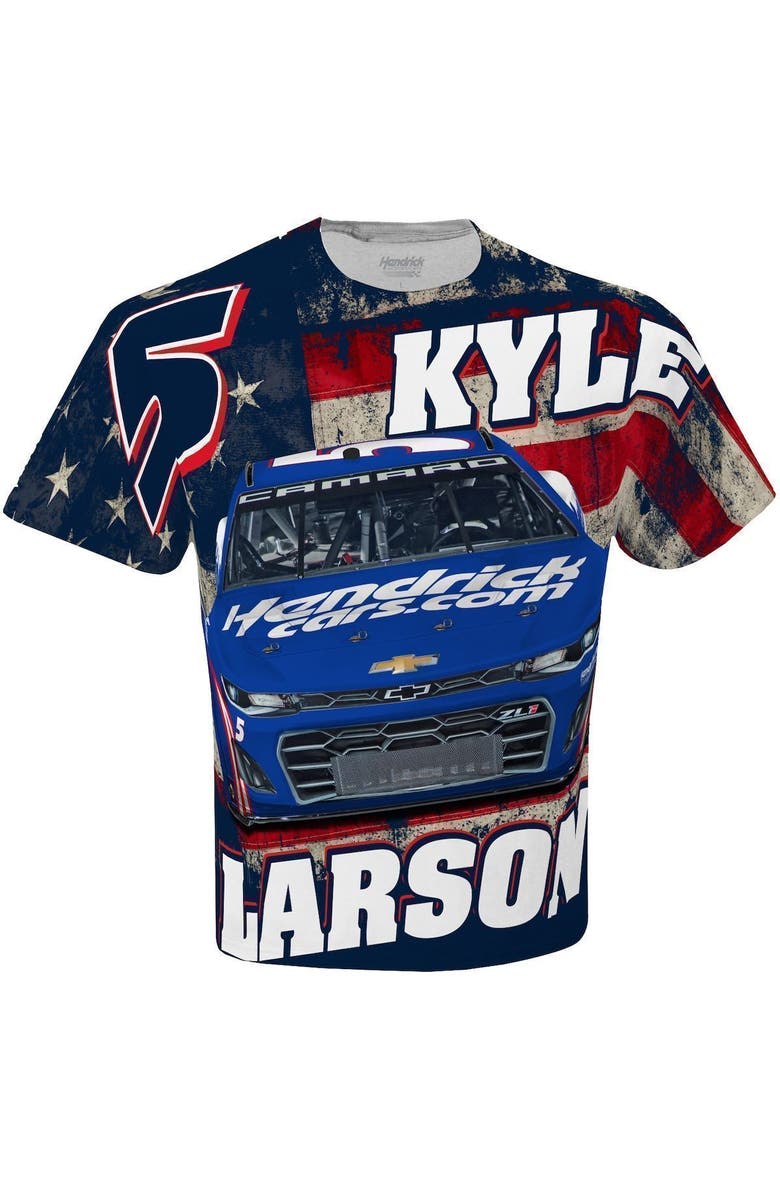 HENDRICK MOTORSPORTS TEAM COLLECTION Men's Hendrick Motorsports Team Collection White Kyle Larson HendrickCars.com Sublimated Patriotic Total Print T-Shirt, Alternate, color, 
