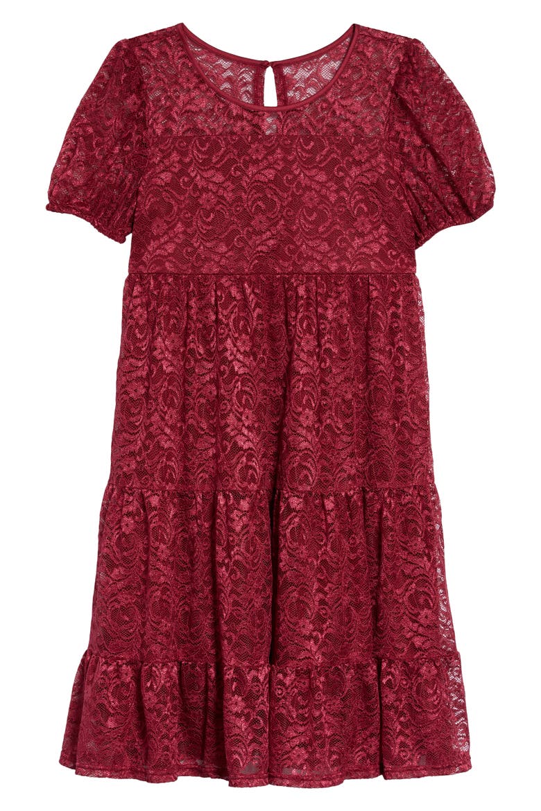 Kids' Puff Sleeve Lace Dress, Main, color, BURGUNDY