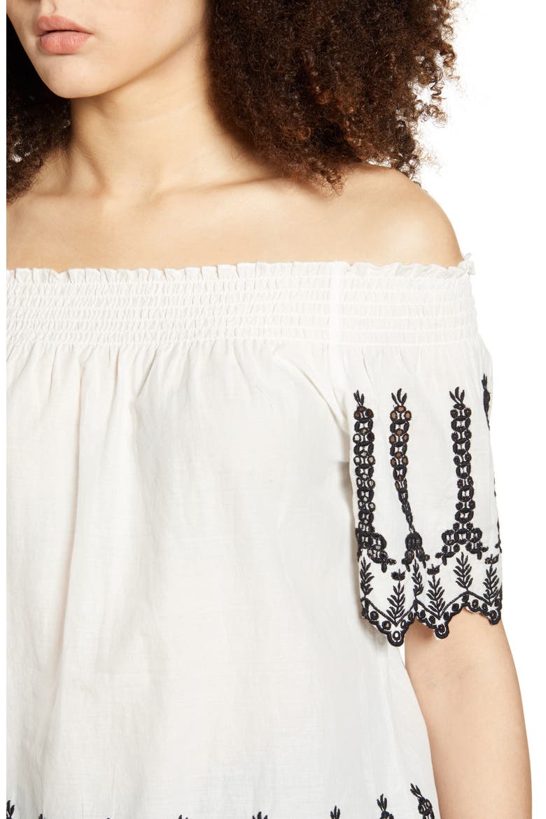 Shery Contrast Embroidery Off the Shoulder Top, Alternate, color, CLOUD DANCER BLACK