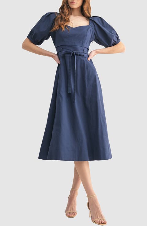 Puff Sleeve Cinched Waist Fit & Flare Midi Dress