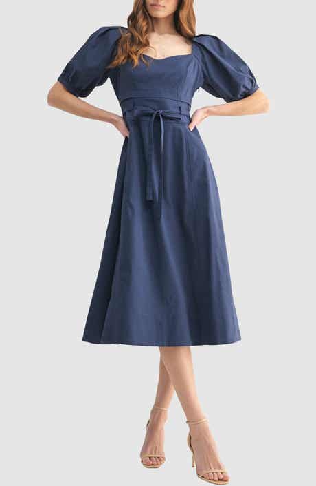 Mila Mae Puff Sleeve Cinched Waist Fit & Flare Midi Dress