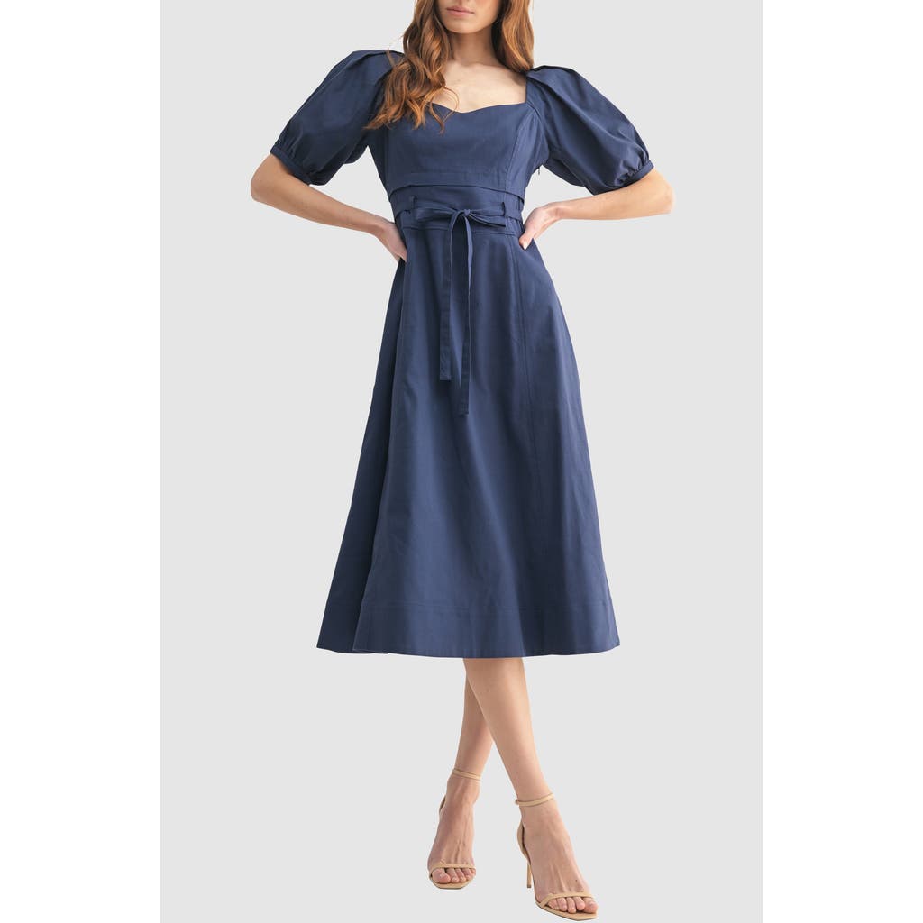 Mila Mae Puff Sleeve Cinched Waist Fit & Flare Midi Dress In Blue