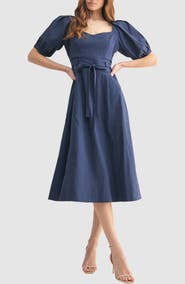 Mila Mae Puff Sleeve Cinched Waist Fit & Flare Midi Dress