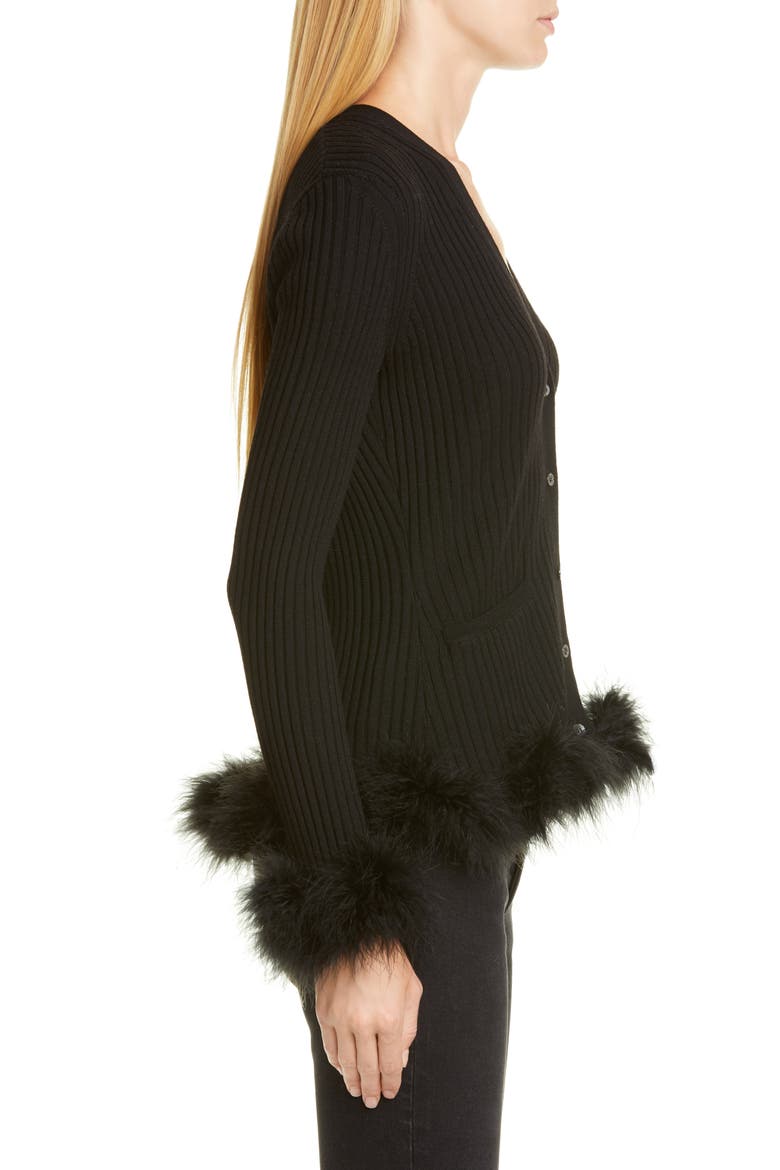 Rib Wool Cardigan with Feather Trim, Alternate, color, BLACK