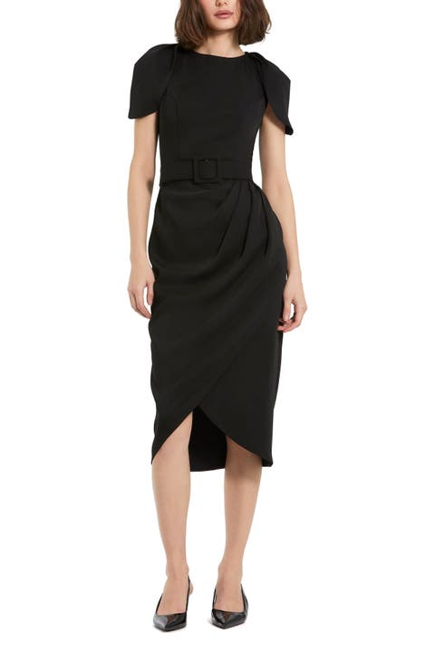 Crepe High Neck Midi Tulip Dress With Belt