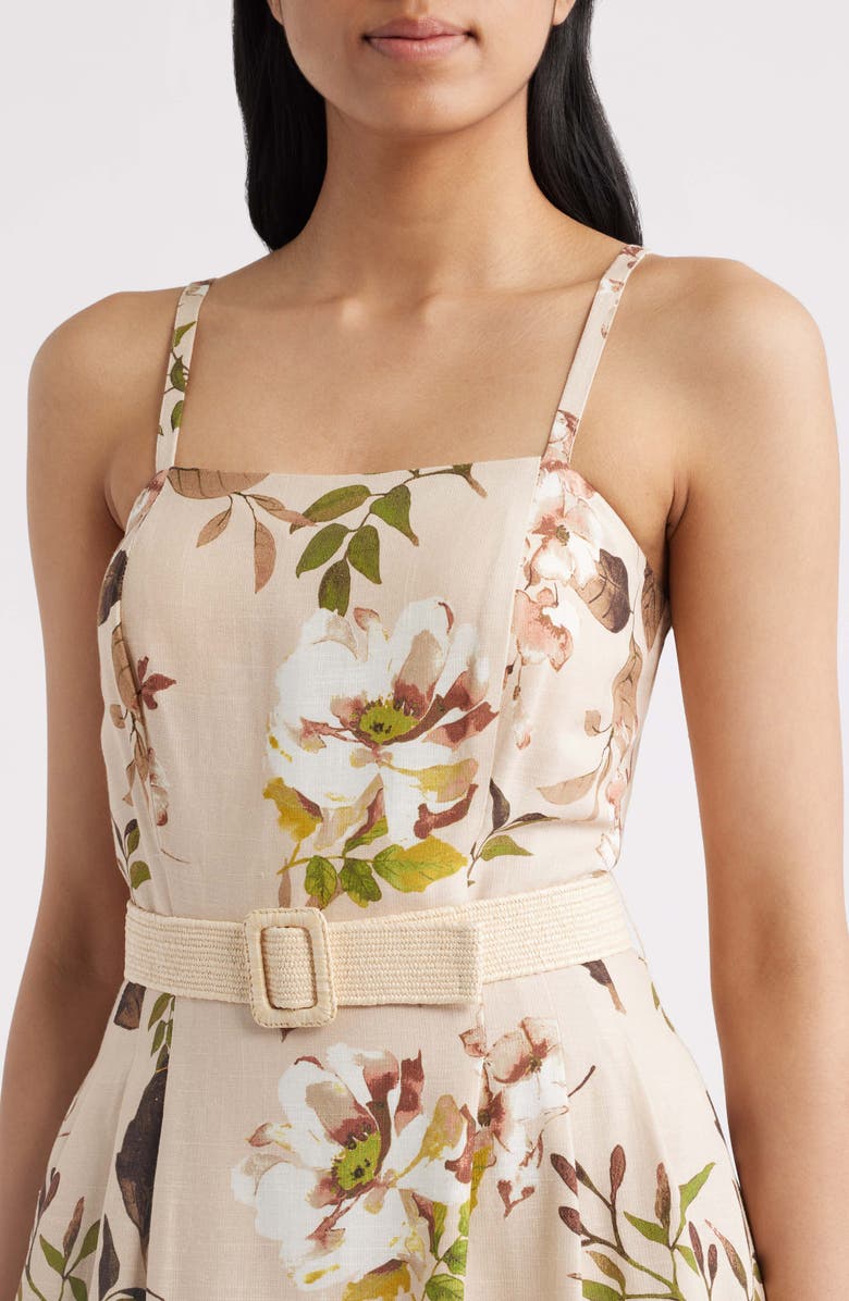 Tahari ASL Floral Print Sleeveless Belted Midi Dress, Alternate, color, Sand Agave