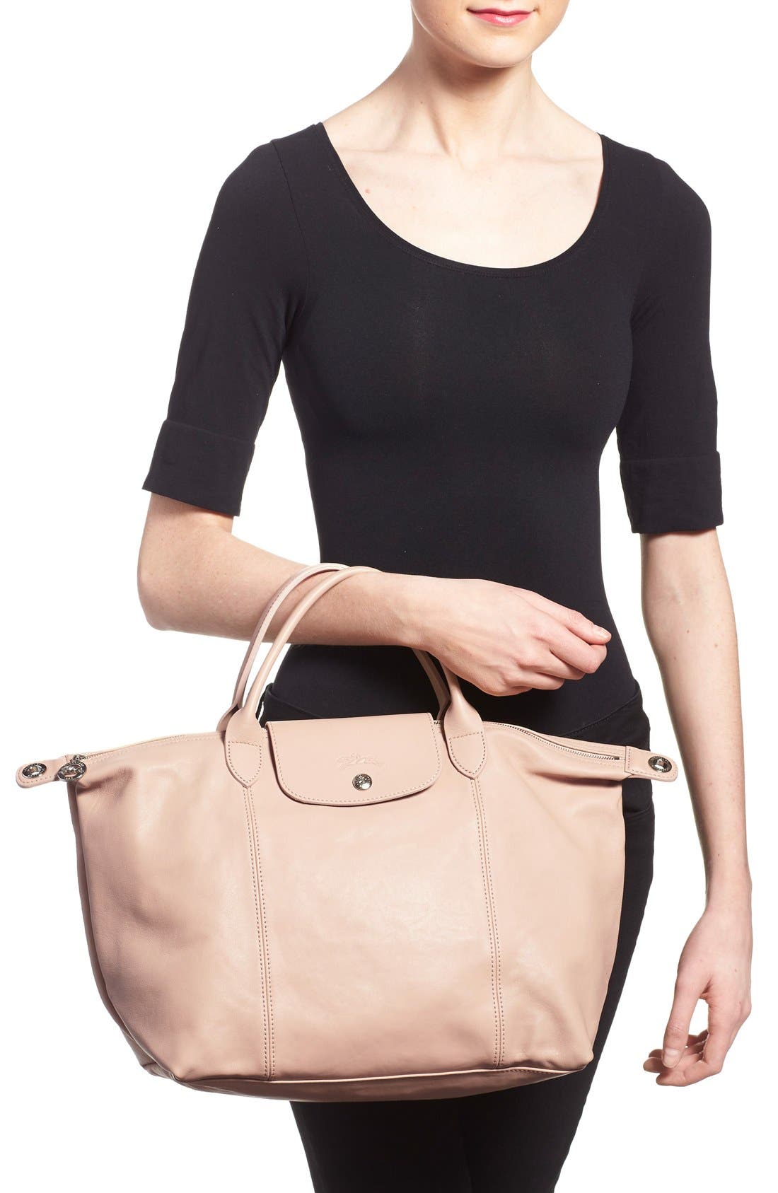 Longchamp Medium 'Le Pliage Cuir' Leather Top Handle Tote, Alternate, color, 