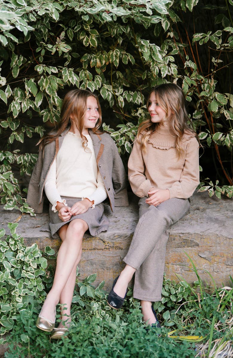 Hope & Henry Kids' Organic Long Sleeve Mock Neck Sweater with Ruffle, Alternate, color, Camel Heather