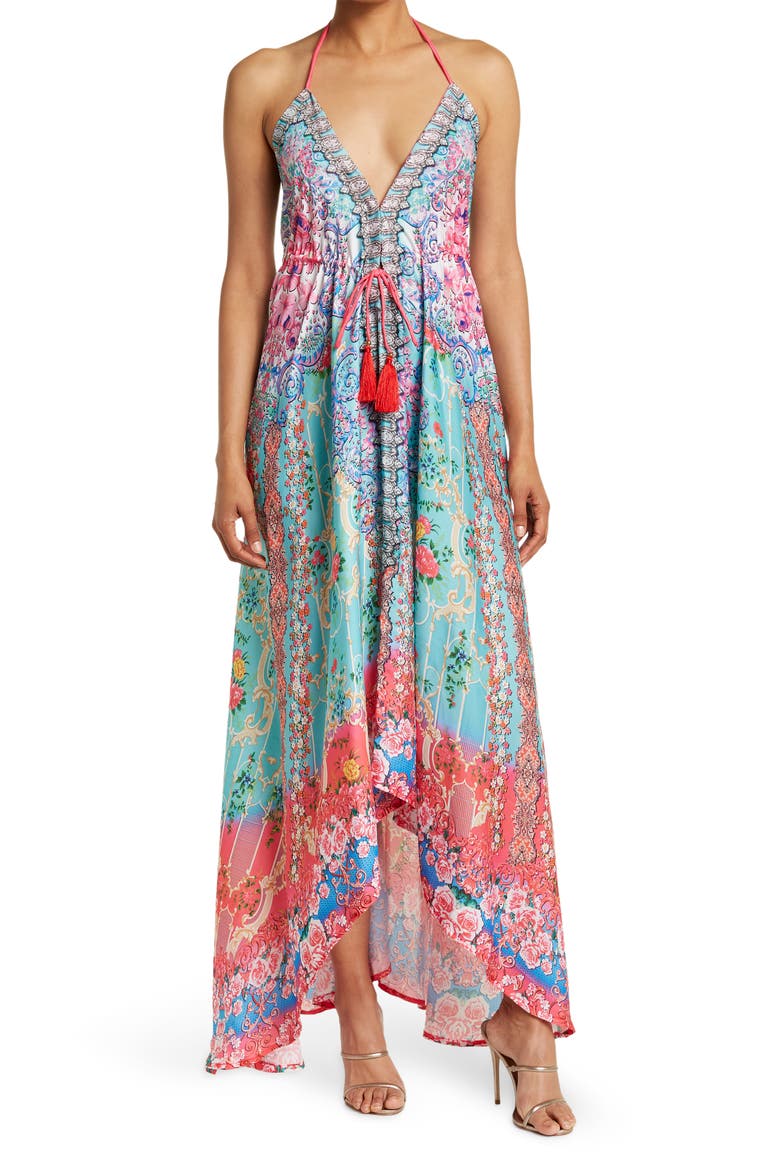 Bright Printed Pink Blooms Flare Sleeve Cover-Up Duster, Main, color, TURQUOISE