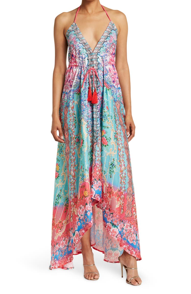 RANEES Bright Printed Pink Blooms Flare Sleeve Cover-Up Duster, Main, color, Turquoise