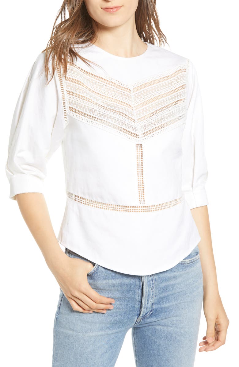 Rebecca Minkoff Lucia Lace Inset Linen & Cotton Blouse, Main, color,