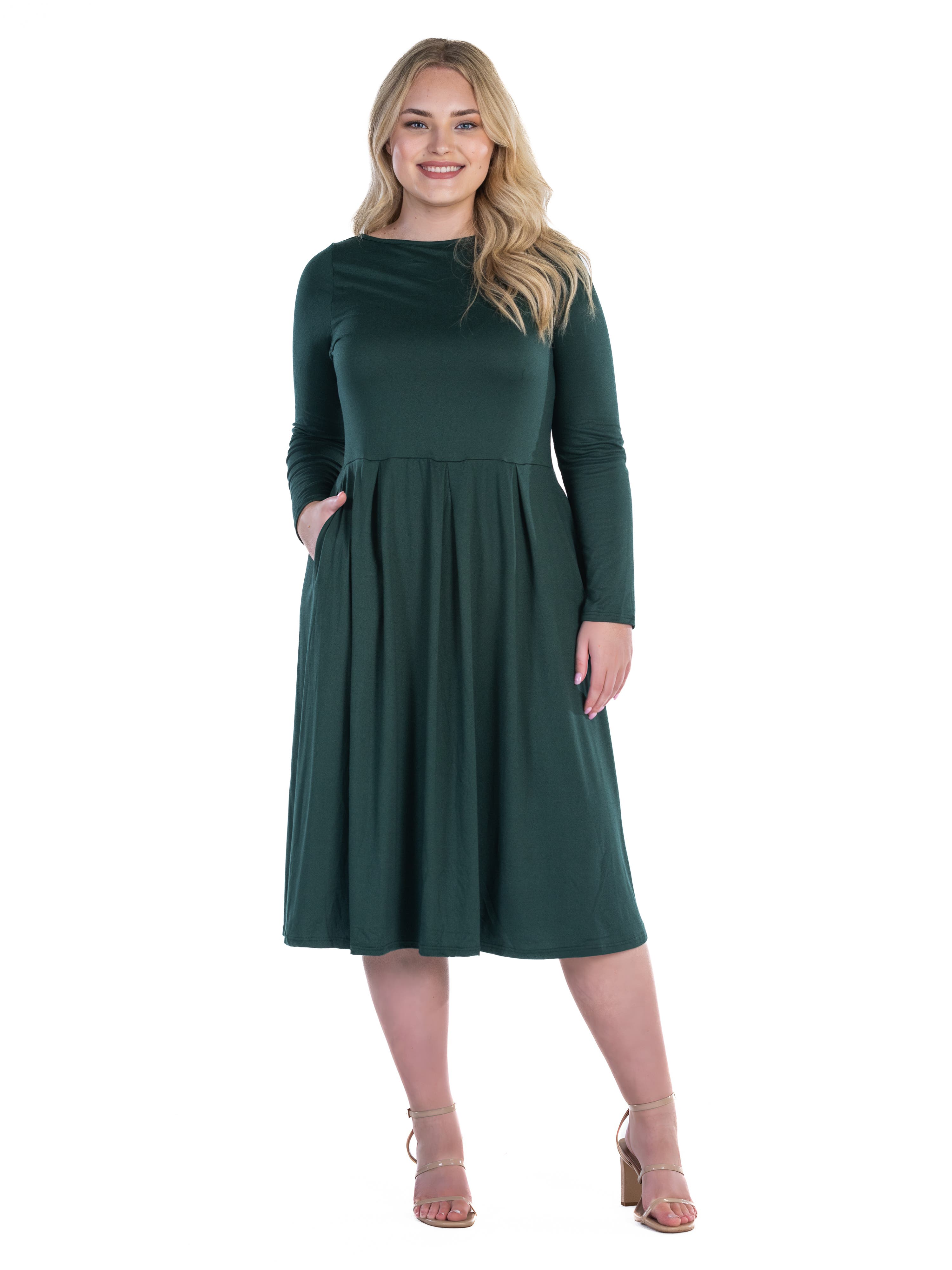 24seven Comfort Apparel Long Sleeve Fit And Flare Midi Dress In Green