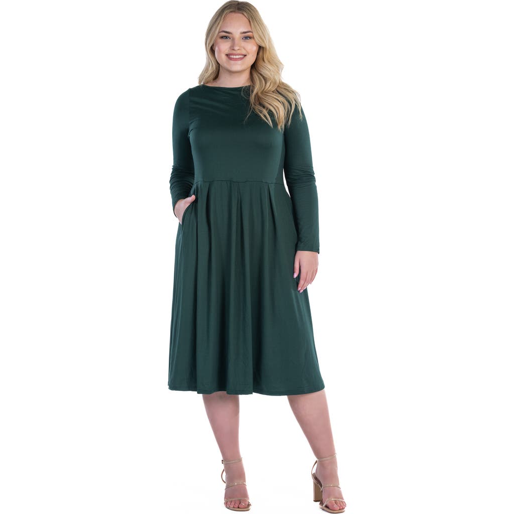 24seven Comfort Apparel Long Sleeve Fit And Flare Midi Dress In Green