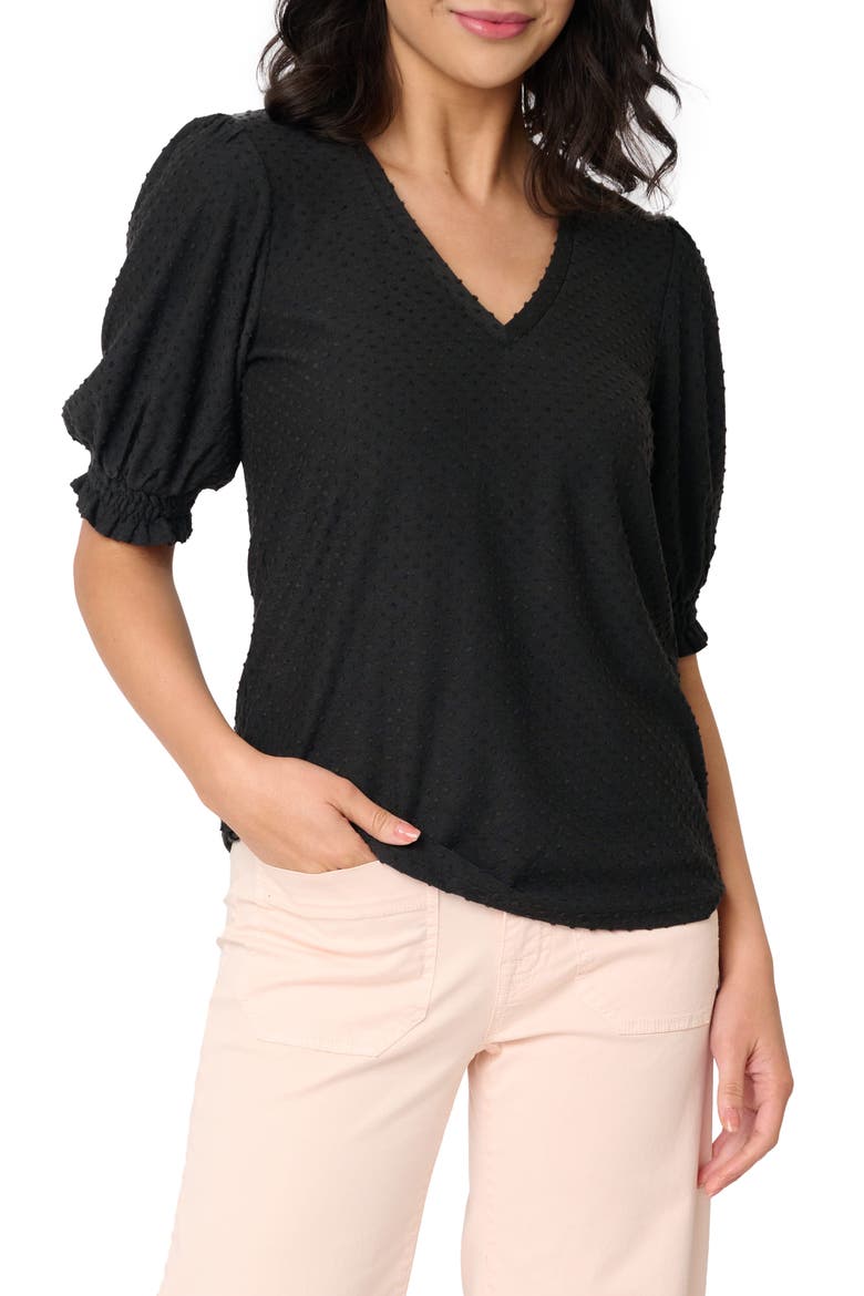 Clip Dot Puff Sleeve Top, Main, color, BLACK