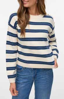 VERO MODA Stripe Button Shoulder Crop Sweater