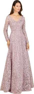 LARA New York A-line Gown With Long Sleeves, V-Neckline
