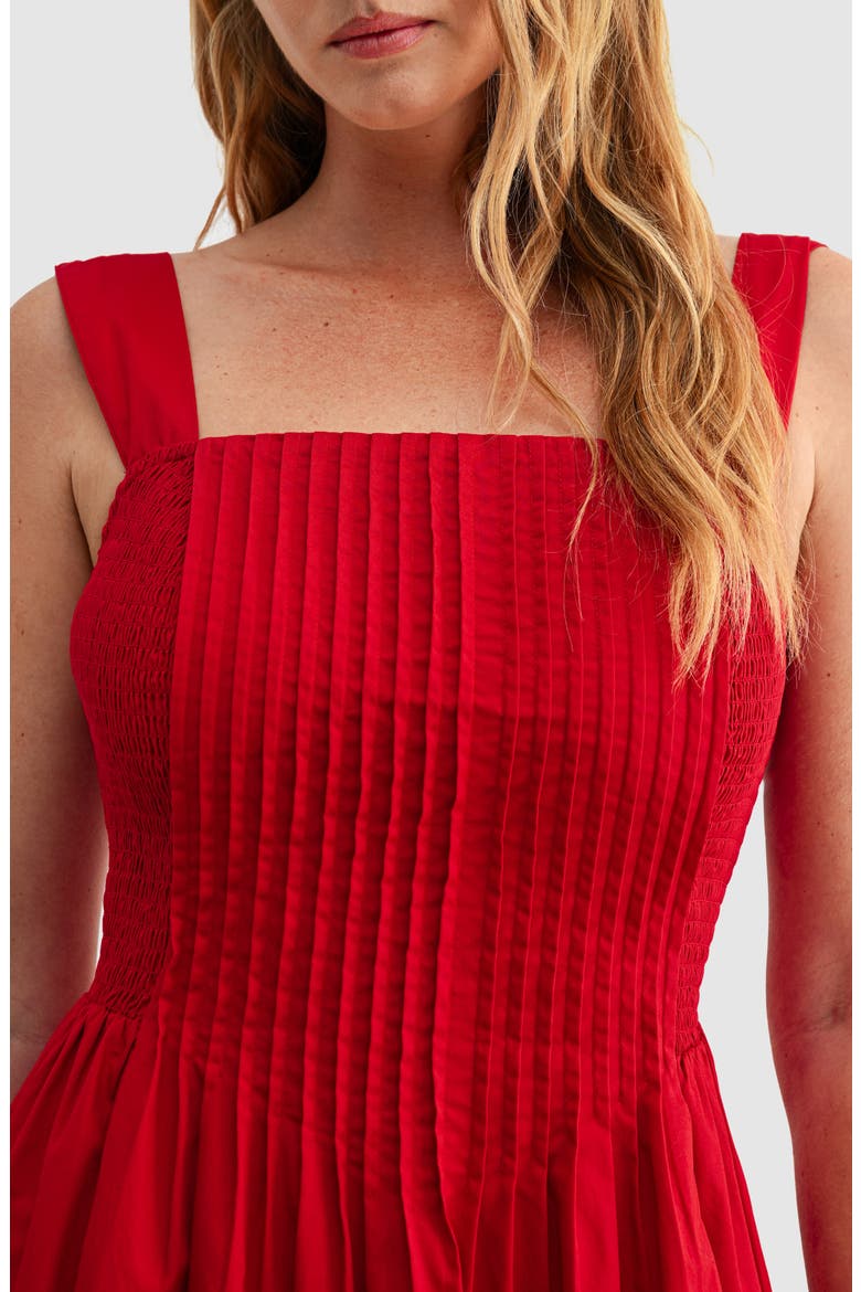 Pleat Bodice Cotton Midi Dress, Alternate, color, RED