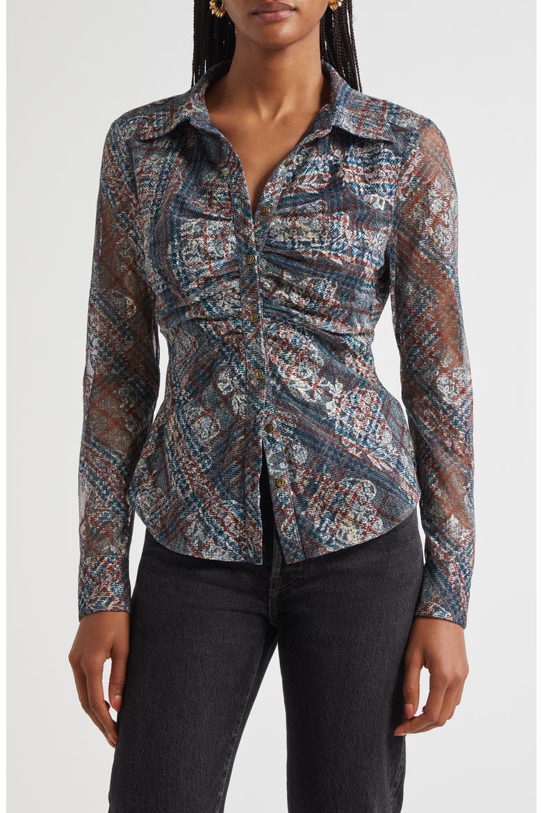 Hamilton Ruched Mixed Plaid Button-Up Shirt, Main, color, AMBER MULTI