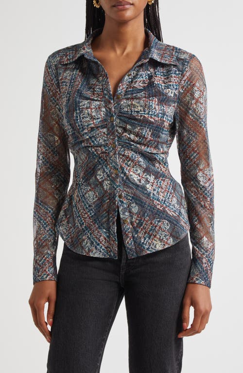 Ramy Brook Hamilton Ruched Mixed Plaid Button-up Shirt In Gray