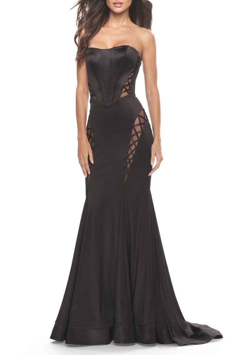 Liquid Jersey Gown with Mesh Strappy Side Panels, Alternate, color, Black
