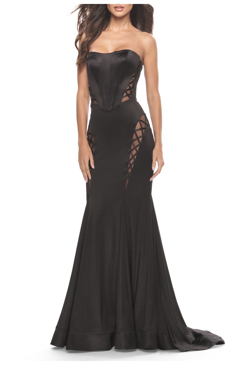 La Femme Liquid Jersey Gown with Mesh Strappy Side Panels, Alternate, color, Black