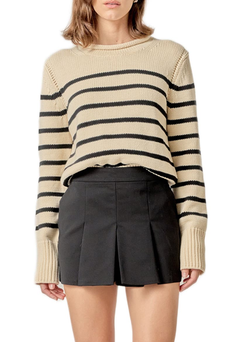 Stripe Roll Neck Cotton Blend Sweater, Main, color, BEIGE/ BLACK