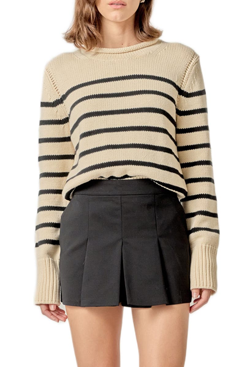 English Factory Stripe Roll Neck Cotton Blend Sweater, Main, color, Beige/ Black