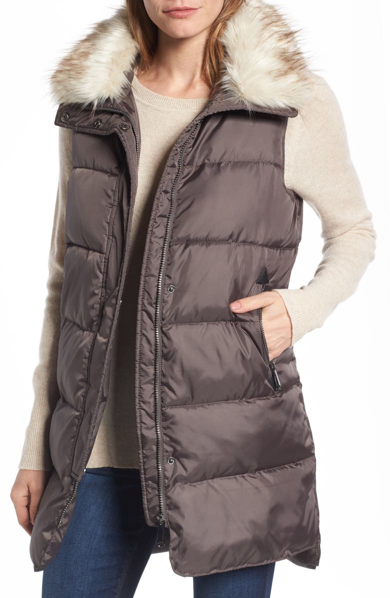 Sam Edelman Faux Fur Trim Long Quilted Vest, Main, color, 
