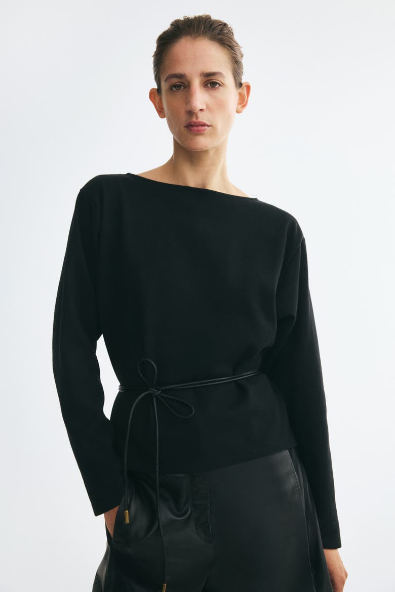 Belted Rib-knit Sweater, Main, color, Black